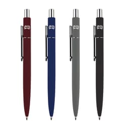 A set of four metal pens in burgundy, blue, grey, and black, each featuring a logo on the barrel.