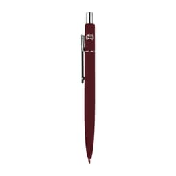A burgundy metal pen with a silver clip and a logo on the barrel.