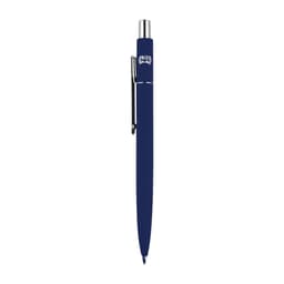 A navy blue metal pen featuring a silver clip and accents, with a branding logo.