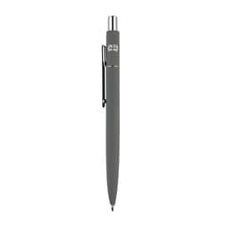 A grey metal pen with a shiny silver clip and branding on the barrel.