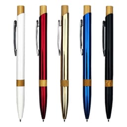 A collection of five metal pens in white, red, gold, blue, and black, featuring bamboo accents and a logo.