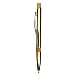 A sleek gold metal pen with a bamboo grip and clip, featuring a branding logo.
