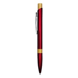 A metal pen in a shiny red finish with a gold-toned clip and accents. It features a branding logo.