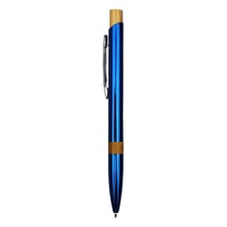 A blue metal pen with a bamboo accent and a clip. It features a shiny finish and has a logo.