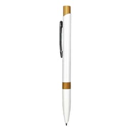 A metal pen featuring a white barrel with a bamboo accent and a silver clip. It has a logo on the barrel.