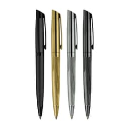 A set of four metal pens in black, gold, silver, and gunmetal grey, each featuring a textured grip and clip.