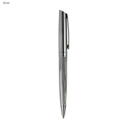 A silver metal pen with a textured grip and a clip, featuring a sleek and modern design.