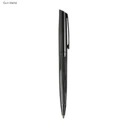 A sleek gun metal pen with a textured grip and a simple design, featuring a clip and branding.
