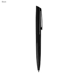 A sleek black metal pen with a textured grip and a clip for easy attachment. Features a minimalist design.