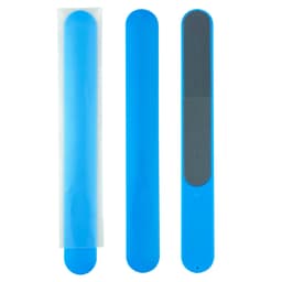 A blue nail file featuring a smooth side and a textured filing side, packaged in a protective sleeve.