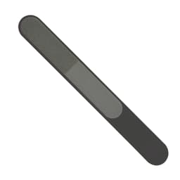 A nail file in grey with a smooth and gritty surface, featuring a simple design and logo.