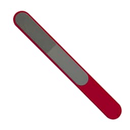 A red nail file featuring a textured surface and a smooth finish, designed for nail care.