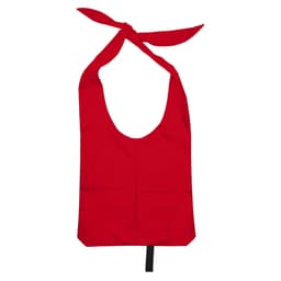 A red nylon sling bag with open handles and a tie closure at the top, featuring a branding logo.