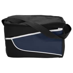 A black and navy blue nylon cooler bag with a zip closure and an adjustable shoulder strap. It features a white trim and a logo.