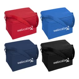 A collection of four nylon cooler bags in red, blue, navy, and black, featuring a logo on the front.