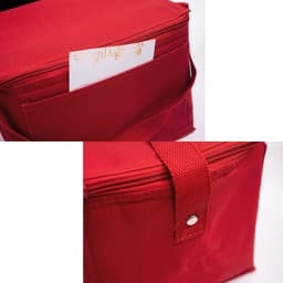 A red nylon cooler bag featuring a zip closure and a pocket on the side. Includes a logo branding.