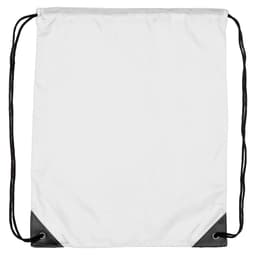 A white nylon drawstring backsack with black corners and matching drawstrings. It features a logo.