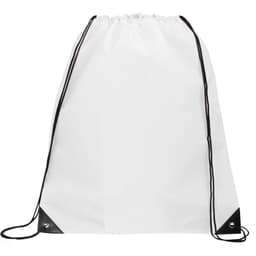 A white drawstring bag with black accents and drawstrings, featuring a branding logo.