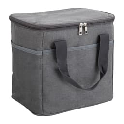A grey nylon cooler bag with a zippered top and sturdy handles, featuring mesh sides and a branding logo.