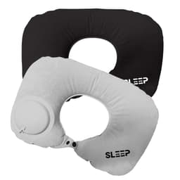 A black and a grey Jodie inflatable neck pillow with a circular valve and a logo on each pillow.