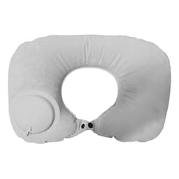 A white inflatable neck pillow with a central opening and a valve for inflation. It has a smooth, textured surface.