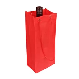 A drink bottle partially visible in a red non-woven single bottle bag with a logo and drawstring handles.