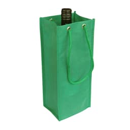 A drink bottle bag in vibrant green, featuring a rope handle and a structured design, with a logo present.