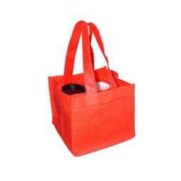 A red non-woven bag designed to hold four coffee cups, featuring two sturdy handles and a logo.