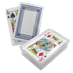 A set of playing cards featuring a King of Diamonds and a Queen of Spades, presented in a clear plastic box.