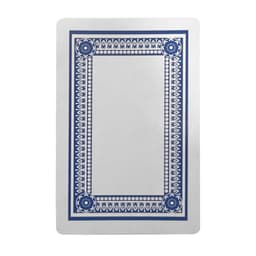 A white playing card featuring a blue decorative border and pattern, presented flat against a plain background.