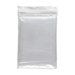 A clear plastic bag containing a folded poncho. The poncho is lightweight and features a branding logo.