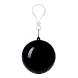 A black wind poncho with a clip attachment, designed for convenient storage and portability.