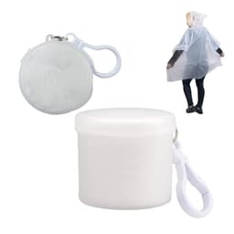A clear poncho packed in a round container with a clip for easy carrying. Ideal for outdoor activities.