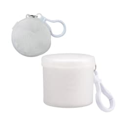 A white Cloud Poncho packaged in a round container, featuring a clip for easy attachment.