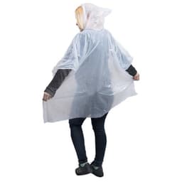 A person wearing a clear plastic wind poncho with a hood, showcasing its lightweight design.