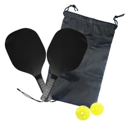 A black pickleball paddle set with two paddles and two yellow balls, stored in a black drawstring bag.