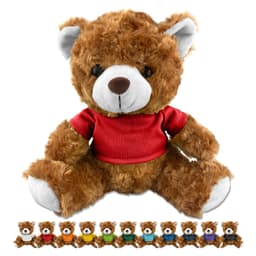 A plush teddy bear in brown fur, wearing a red shirt, sits against a white background with smaller bears in various colours below.