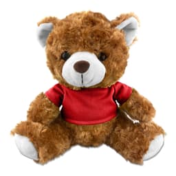 A brown teddy bear plush with a red shirt and black eyes, featuring a cute expression and soft fur.