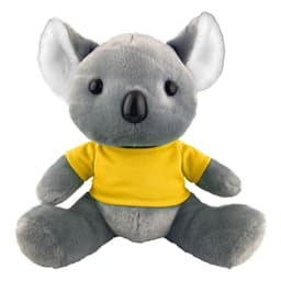A grey koala plush toy wearing a yellow shirt, featuring large ears and button-like eyes. It has a logo on its shirt.