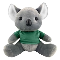 A plush koala toy in grey with a green shirt, featuring stitched details and a cute facial expression.