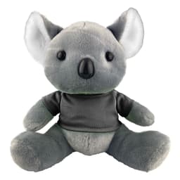 A grey koala plush toy with a soft texture, wearing a grey shirt, featuring a round face and large ears, with branding.