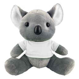 A grey koala plush toy with large ears and a small black nose, wearing a plain white shirt. It has a branding logo.