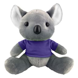 A plush koala toy with grey fur wearing a purple shirt, featuring large ears and a cute black nose.