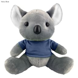 A grey koala plush toy wearing a navy blue shirt, with large ears and a cute expression, featuring a logo.