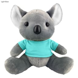 A plush koala toy in light blue, wearing a turquoise shirt, with large ears and a friendly expression.