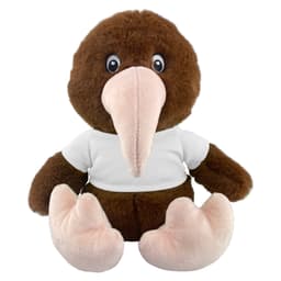 A brown kiwi plush toy with a pink beak and feet, wearing a white T-shirt. It has large eyes and a friendly expression.