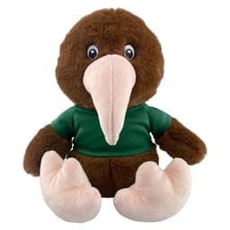 A brown Kiwi Plush toy with a green shirt, featuring a large pink beak and soft, oversized feet.