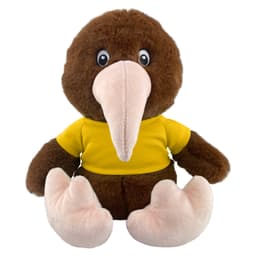 A plush kiwi toy with brown fur and a yellow shirt, featuring large eyes and soft pink feet. It has a logo on it.