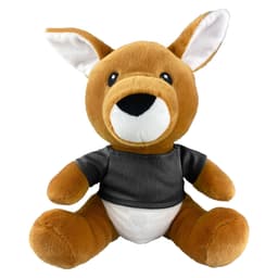 A plush kangaroo toy in brown and white, wearing a grey shirt, featuring a logo on its clothing.