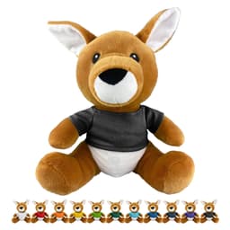 A brown kangaroo plush toy with a grey shirt, featuring large ears and a friendly expression. The image includes variations in colours.